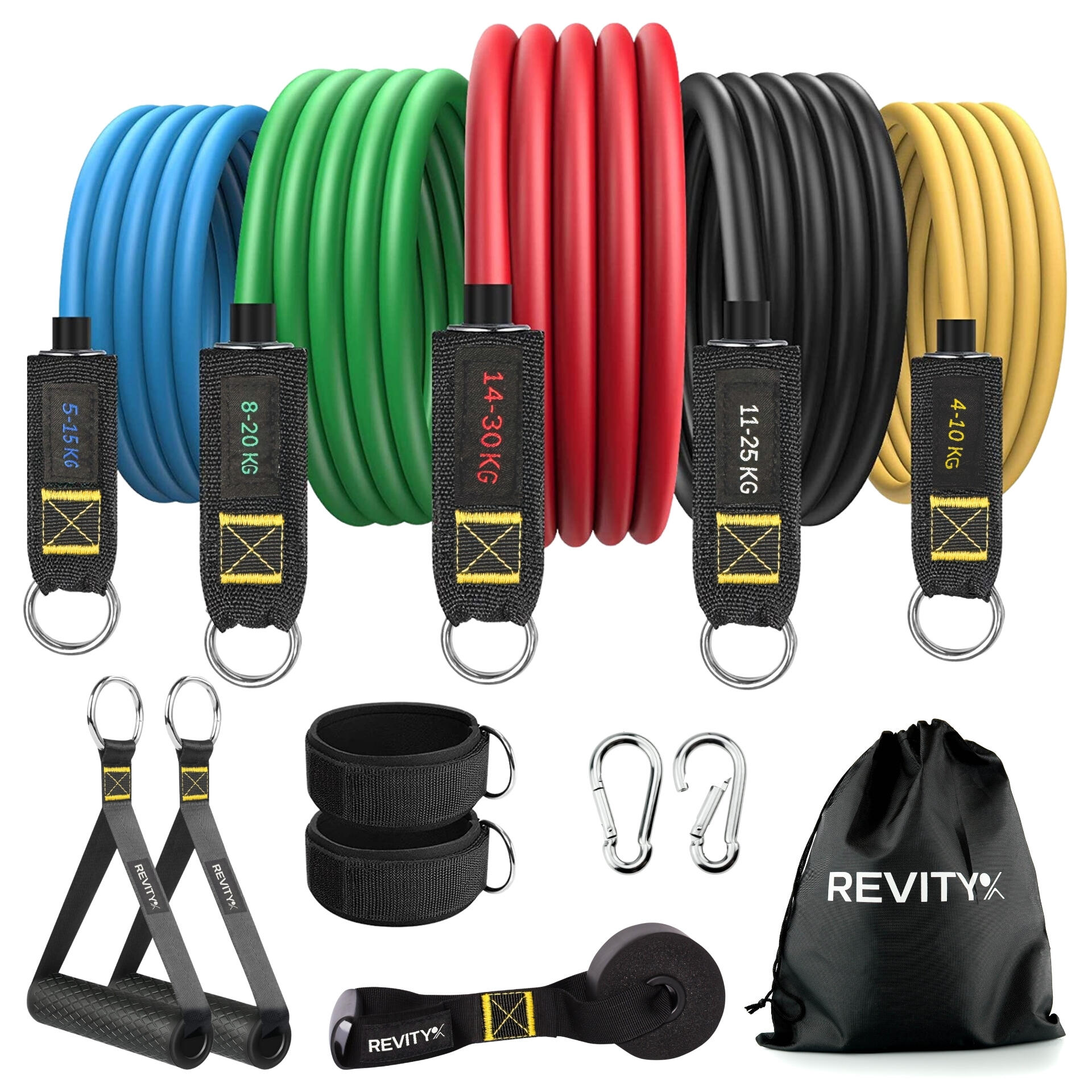REVITY Sada 5 posilovacích odporových gum Workout Bands-s příslušenstvím, cvičební plán