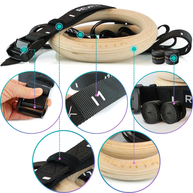 Inele gimnastica din lemn Revity Gym Rings pentru exerciții cu plan PDF