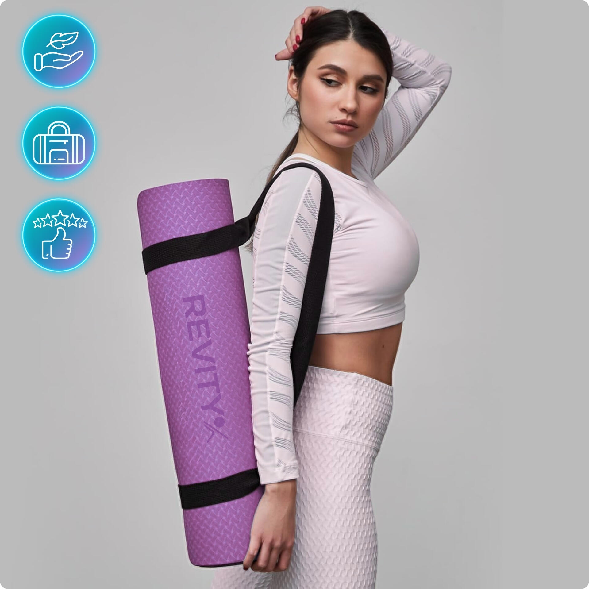 Tapis fitness yoga pilates 183×61×0,6 cm, sangle, guide d’exercicesPDF Revity 7/7