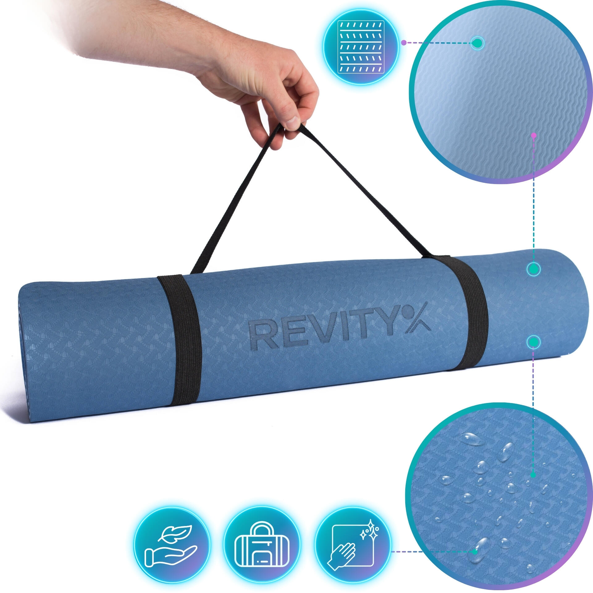 Esterilla yoga y fitness de 183×61×0,6 cm, correa, plan de ejercicios PDF, azul 7/7
