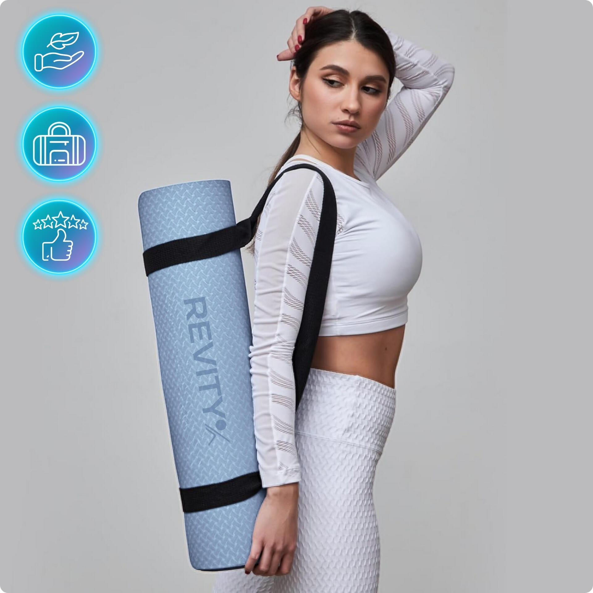 Esterilla yoga y fitness de 183×61×0,6 cm, correa, plan de ejercicios PDF, azul 7/7