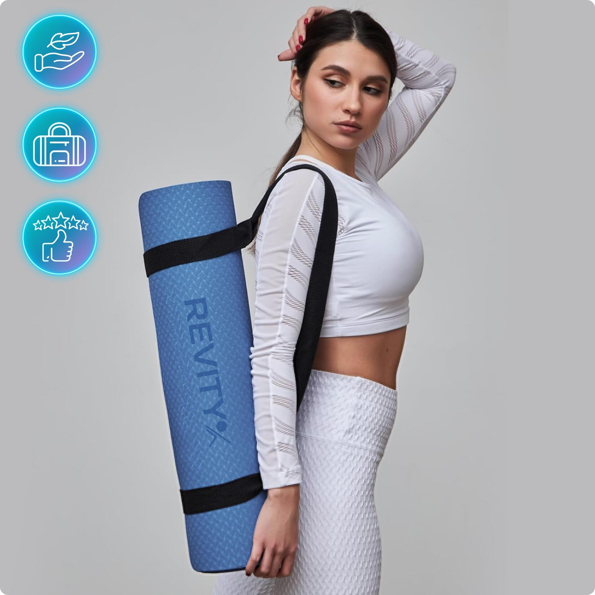 Esterilla yoga y fitness de 183×61×0,6 cm, correa, plan de ejercicios PDF, azul 5/7