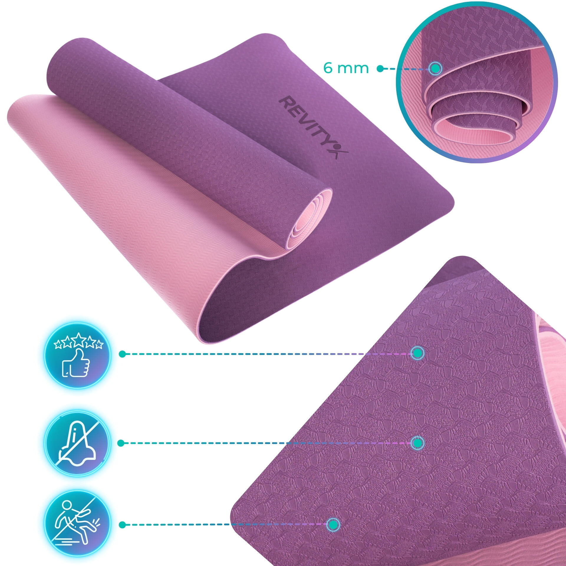 Tapis fitness yoga pilates 183×61×0,6 cm, sangle, guide d’exercicesPDF Revity 6/7