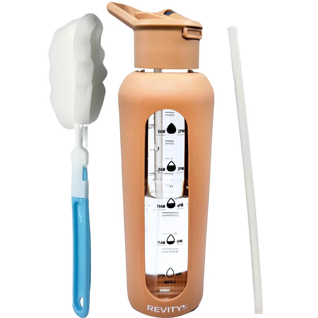 Fitness Water Bottle Glass 700 ml silicone sleeve & straw