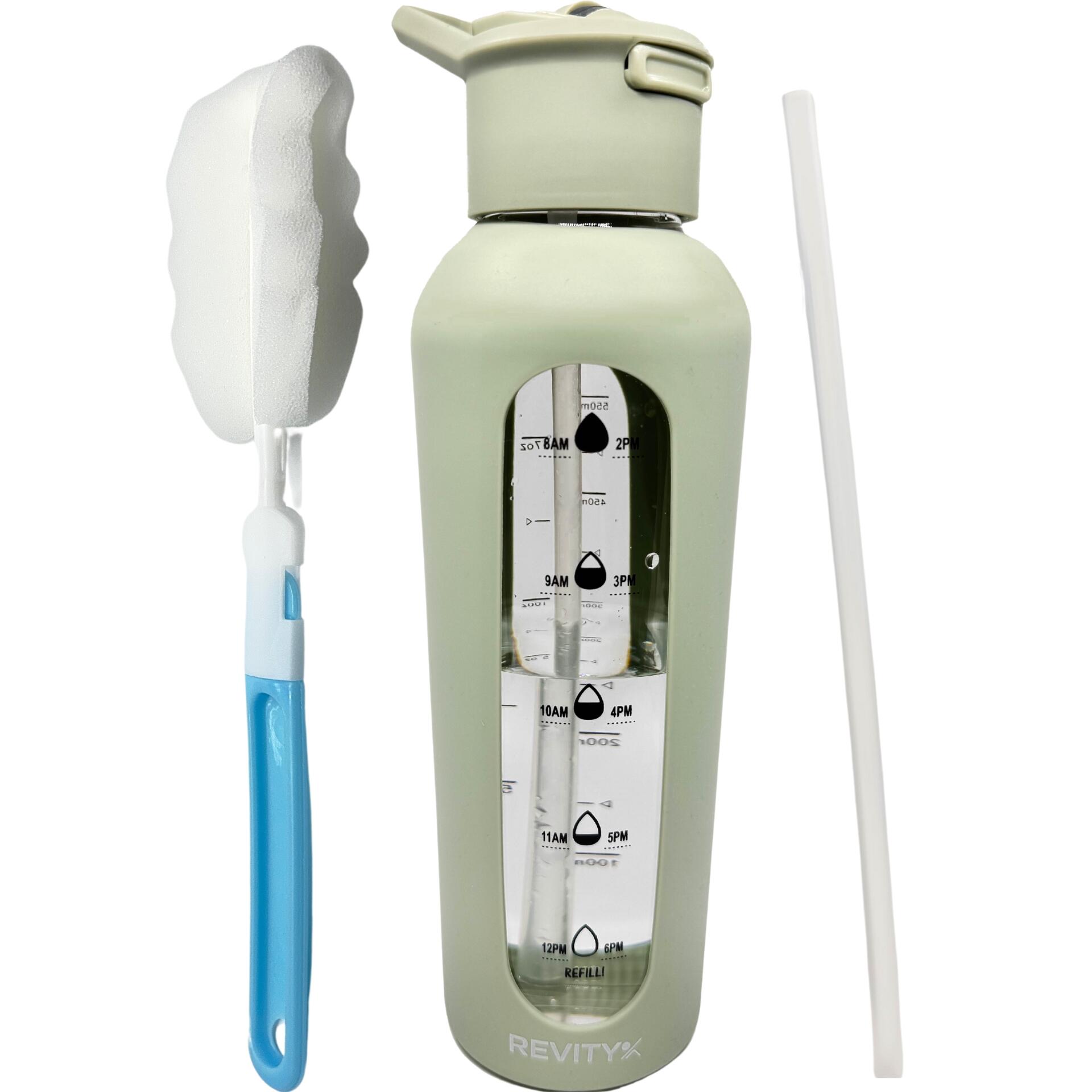 REVITY Skleněná motivační láhev na vodu 700 ml se silikonovým obalem a pítkem