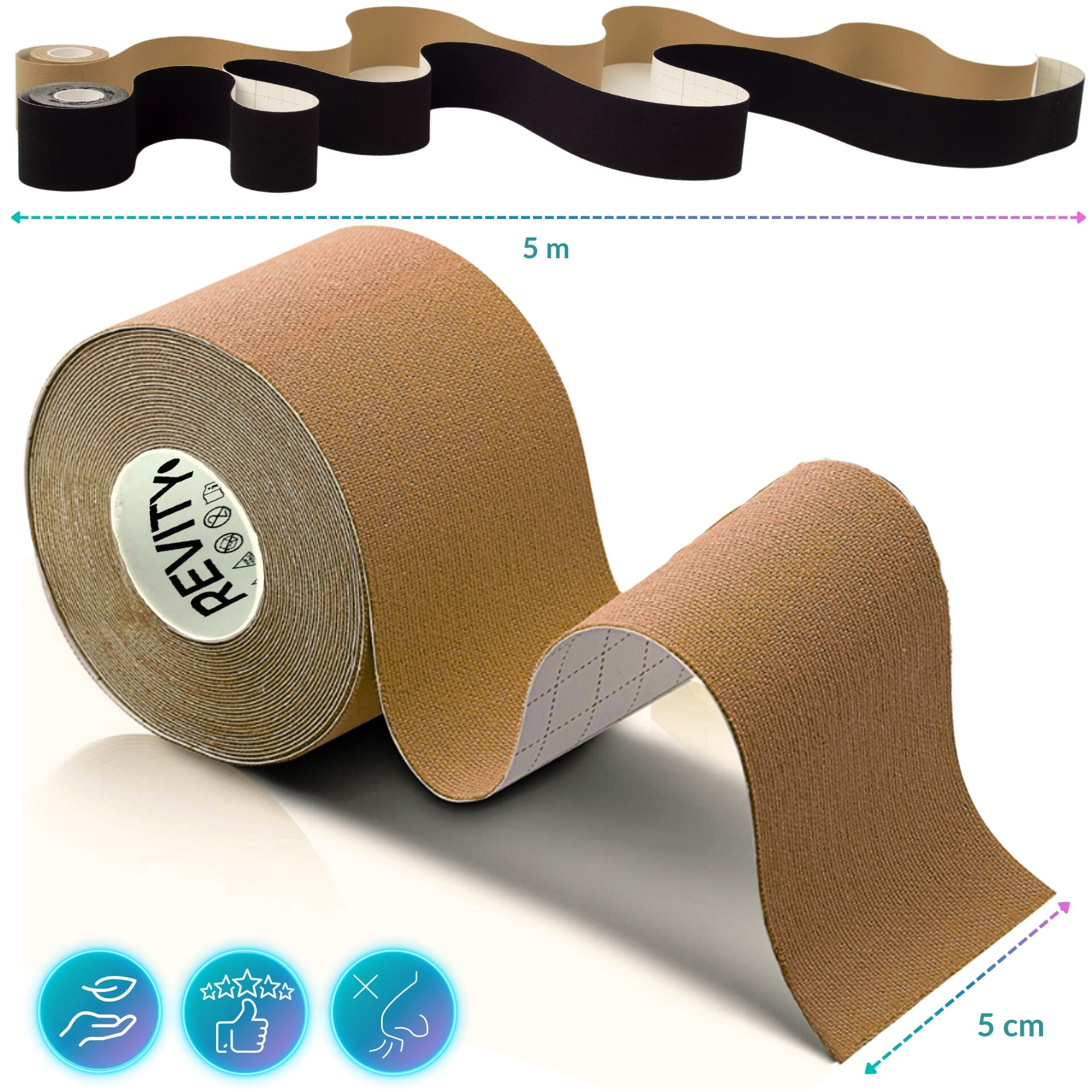 Tape kinesiologico 5 m × 5 cm per taping sportivo di tutto il corpo REVITY 3/7