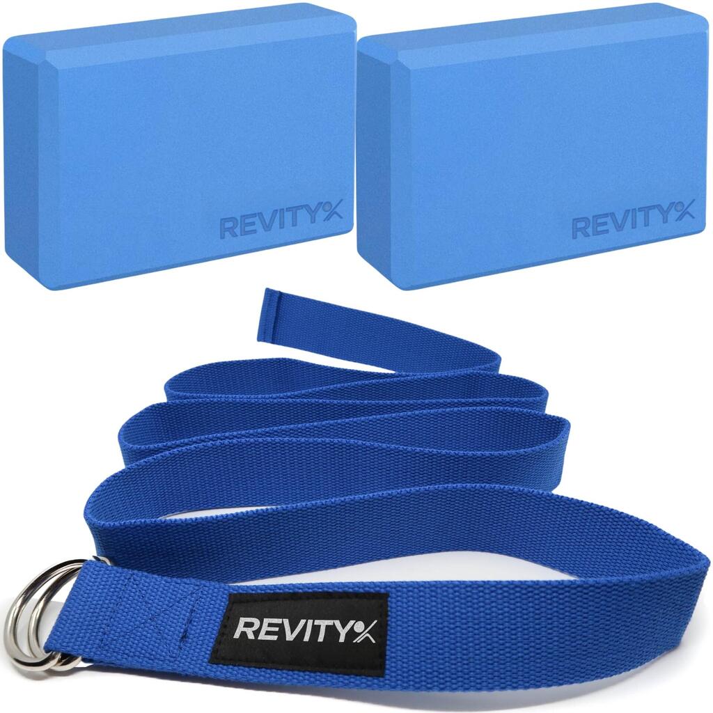 Yoga Set EVA Foam Blocks x2 & Yoga Strap, Training Plan PDF, Blue