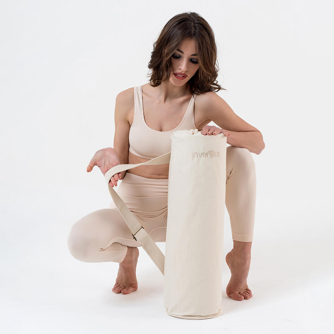 Sacca yoga cotone tasca interna chiusura cordino cinghia regolabile Beige 5/5