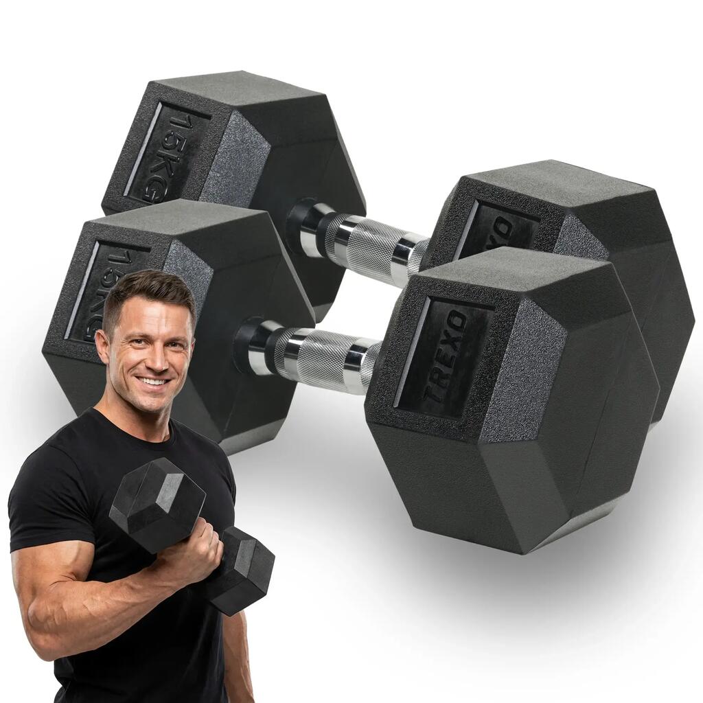 XTREXO Hex Rubber Dumbbell 15 kg
