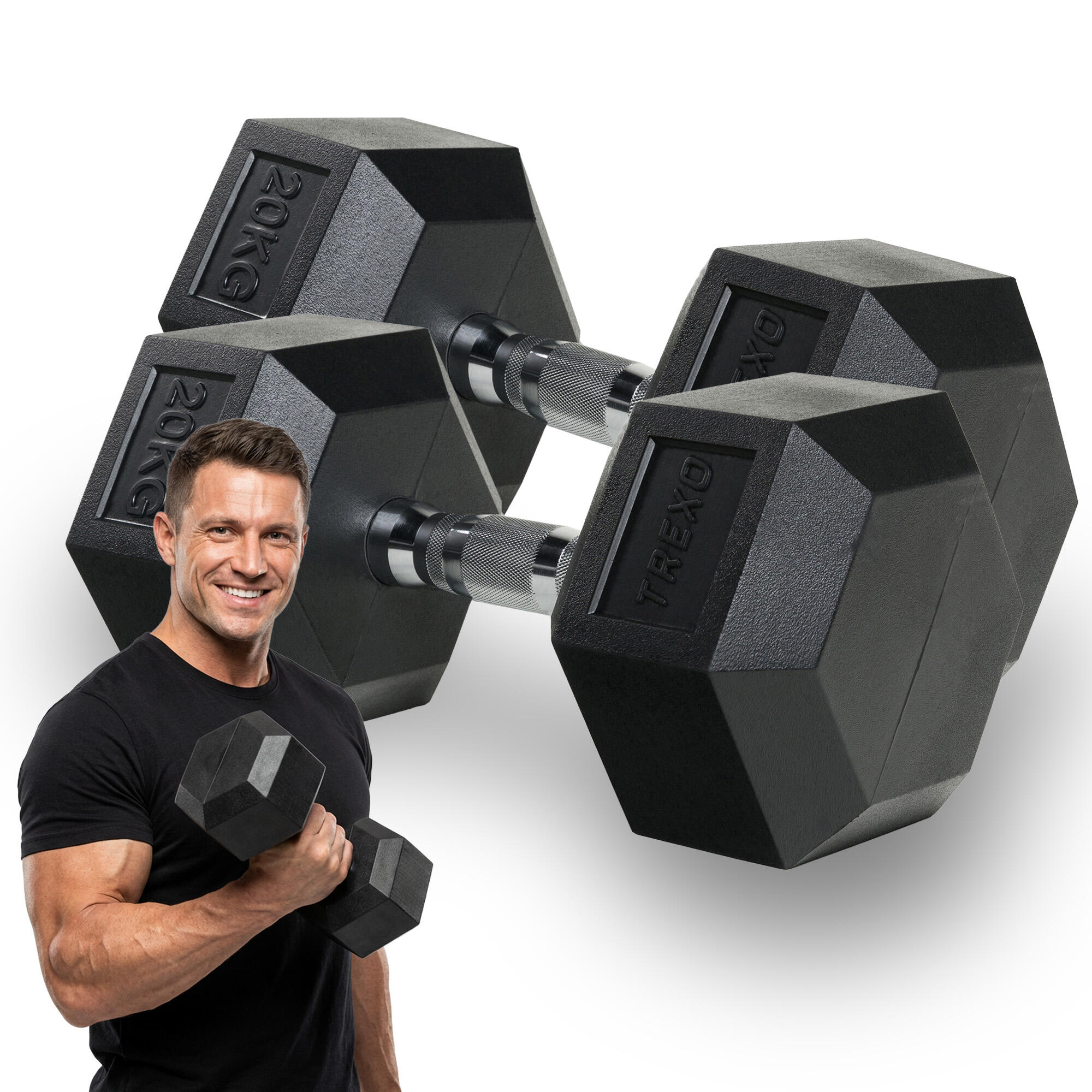 Trexo - Haltère Caoutchouté Xtrexo Hex 20 Kg - Haltère - Noir - 20 Kg - Decathlon