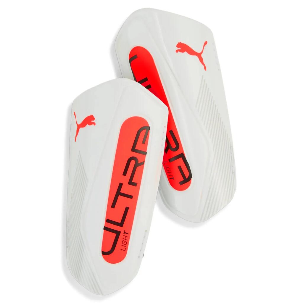 Childrens/Kids Ultra Light Strappy Football Shin Guards (White/Orange) XL