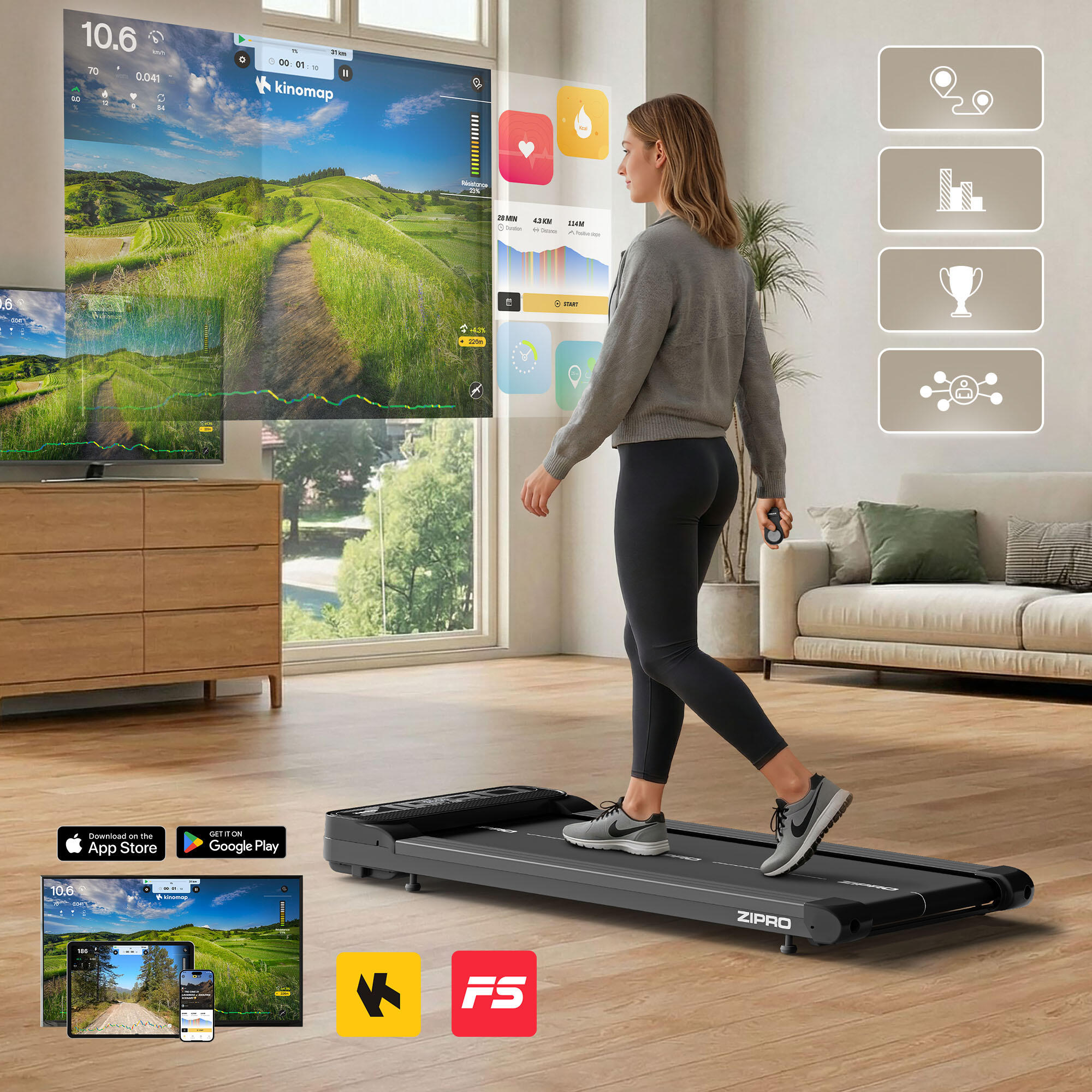 Tapis de marche Zipro Catwalk 100×40 cm, 6km/h, FitShow Bluetooth 6/7