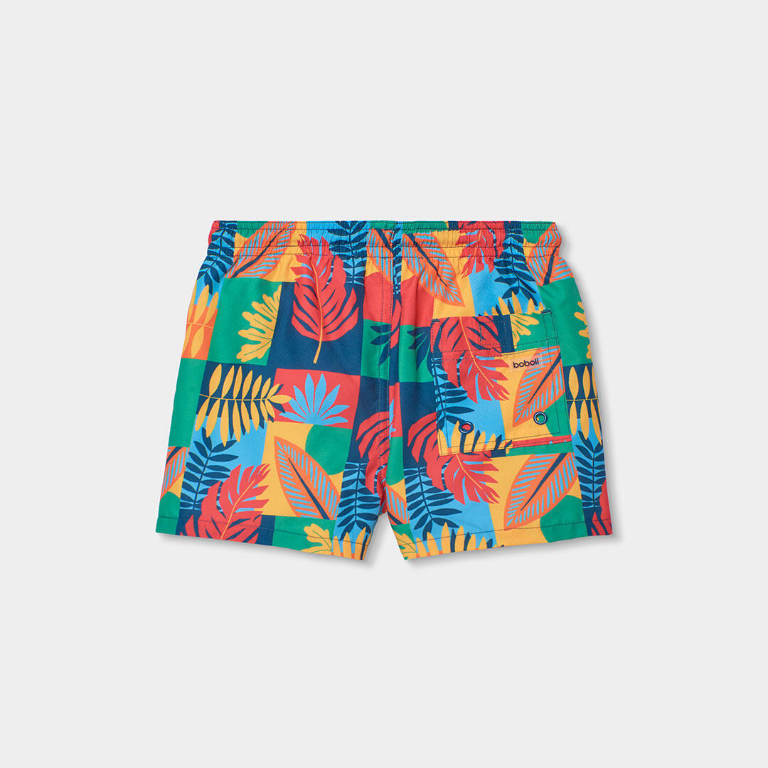 Bañador Infantil de Tejido Reciclado Naranja con Estampado de Hojas 2/4