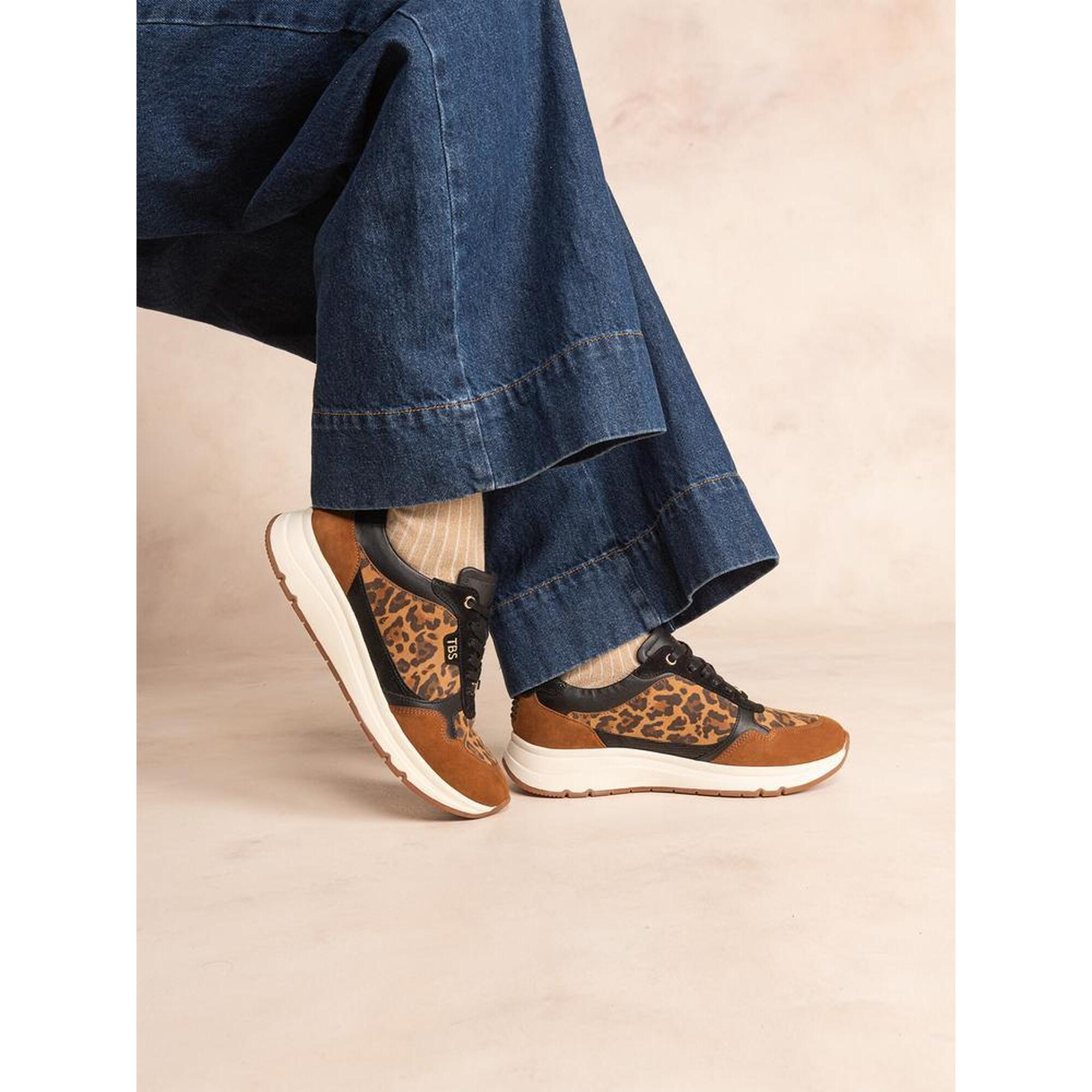 Tbs - Baskets Femme Blondie Leopard En Cuir Talon 40 Mm - Baskets - Marron|noir - Decathlon