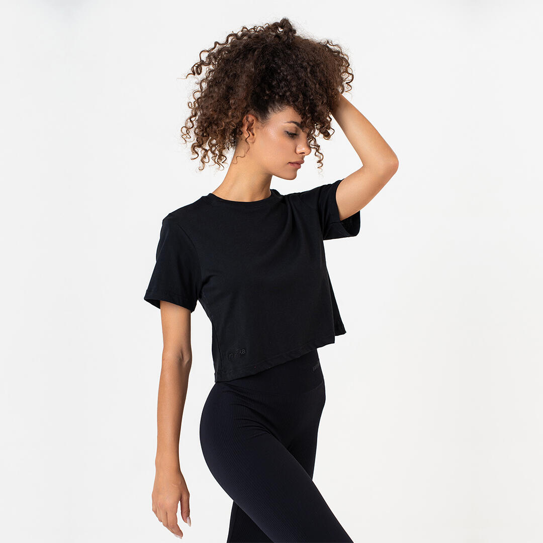 T-shirt crop donna 100% cotone allenamento tempo libero Nero 4/4