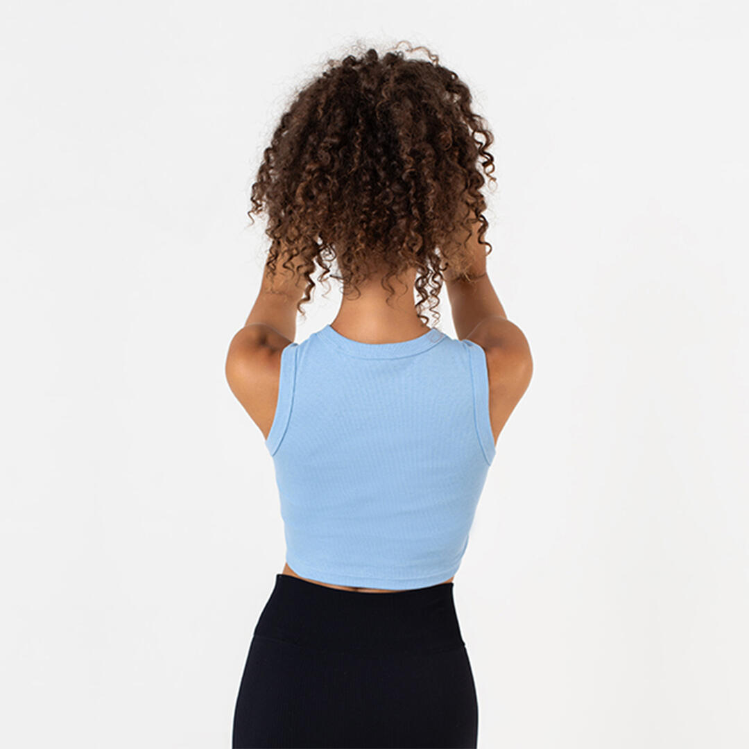 Top crop donna 100% cotone a costine allenamento tempo libero Azzurro 3/5