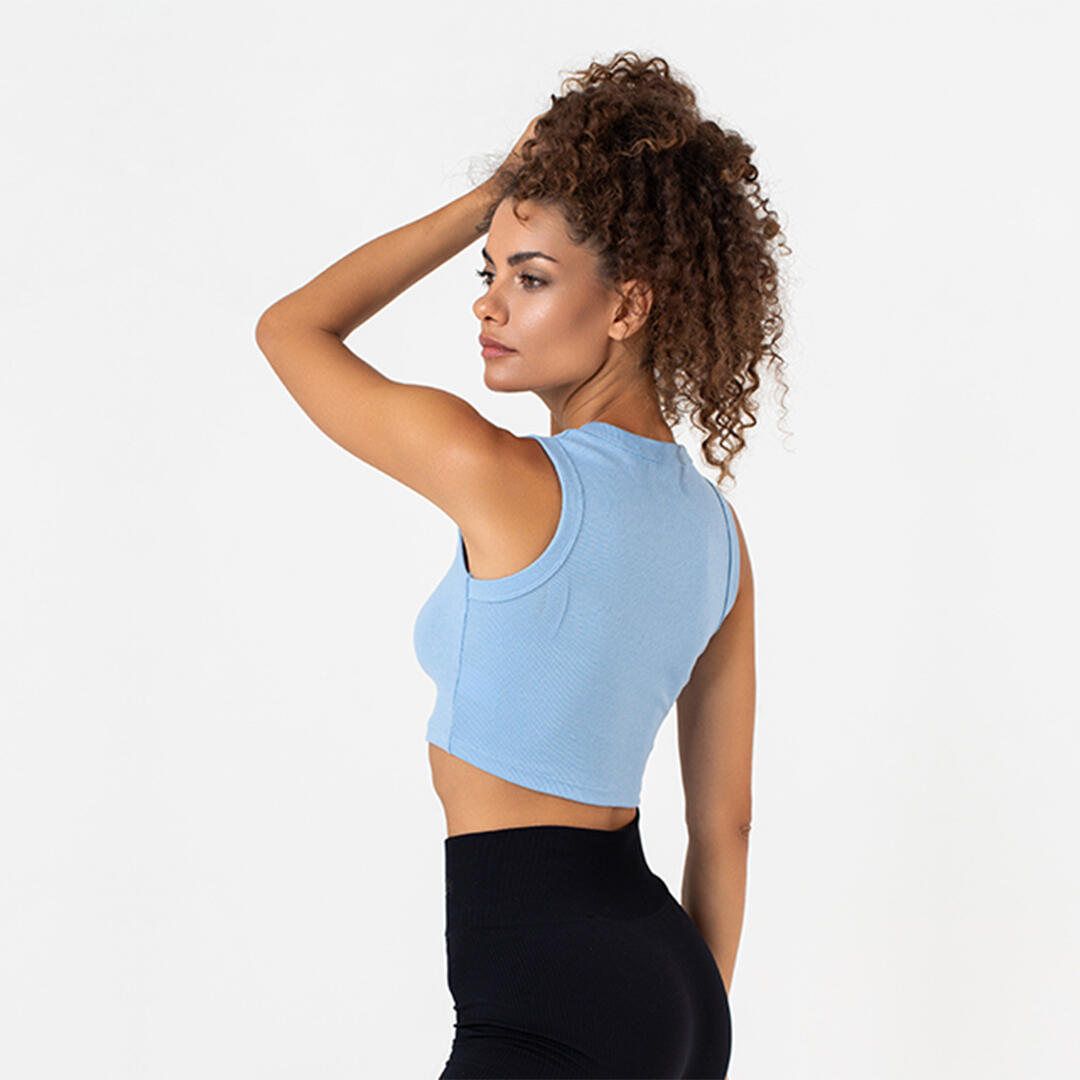 Top crop donna 100% cotone a costine allenamento tempo libero Azzurro 2/5