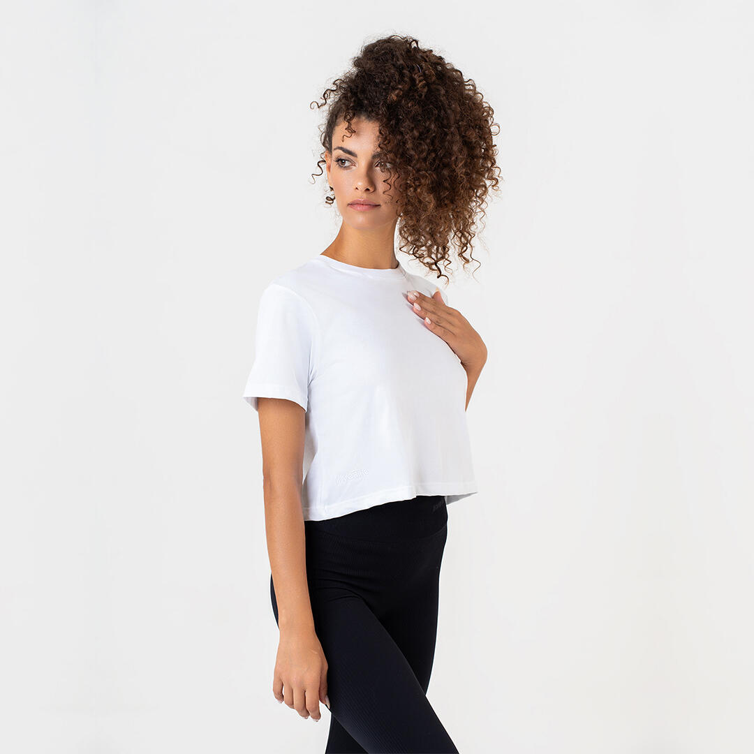 T-shirt crop donna 100% cotone allenamento tempo libero Bianco 4/4