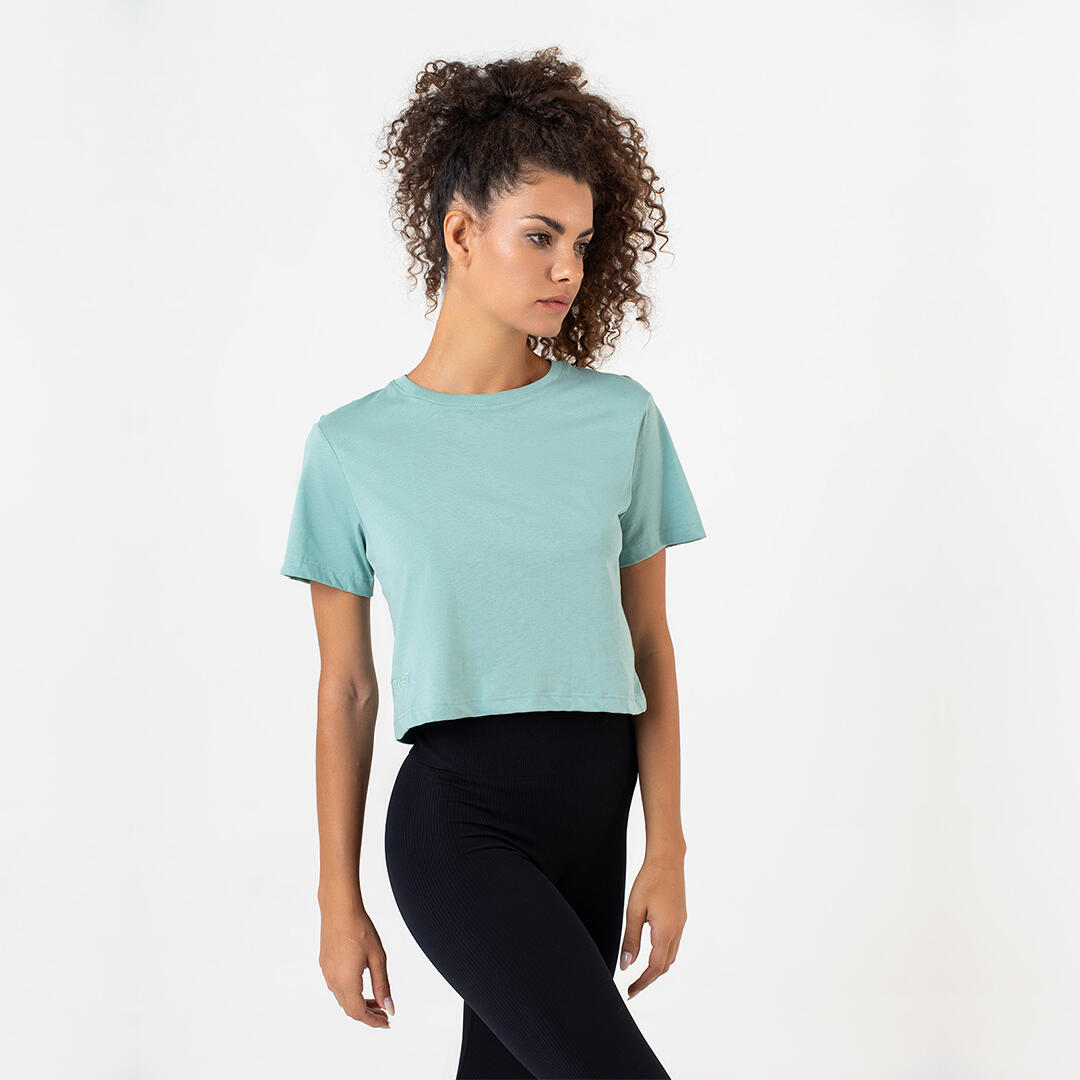 T-shirt crop donna 100% cotone allenamento tempo libero Verde Polvere 4/4