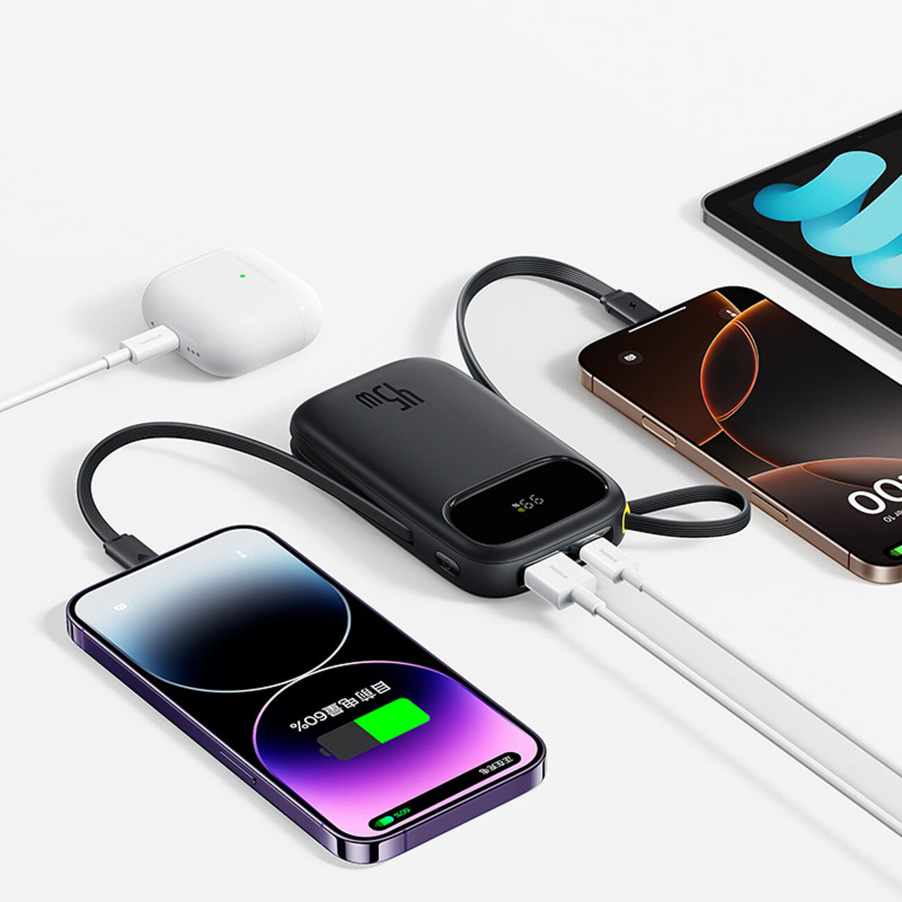 Power Bank Veloce Baseus 10000mAh 45W USB-A con Cavi USB-C Lightning 4/7