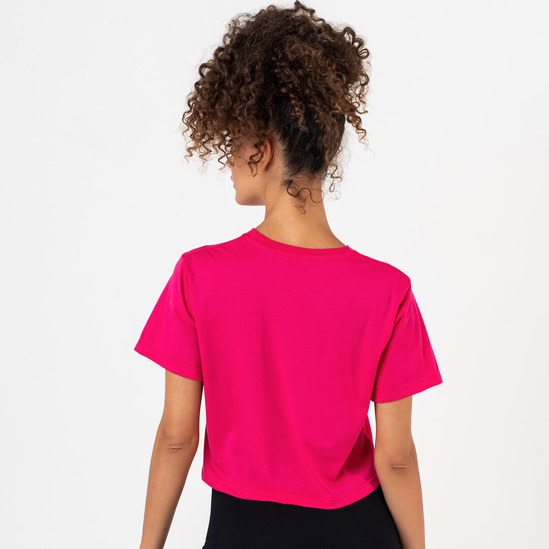 T-shirt crop donna 100% cotone allenamento tempo libero Fuxia 3/4