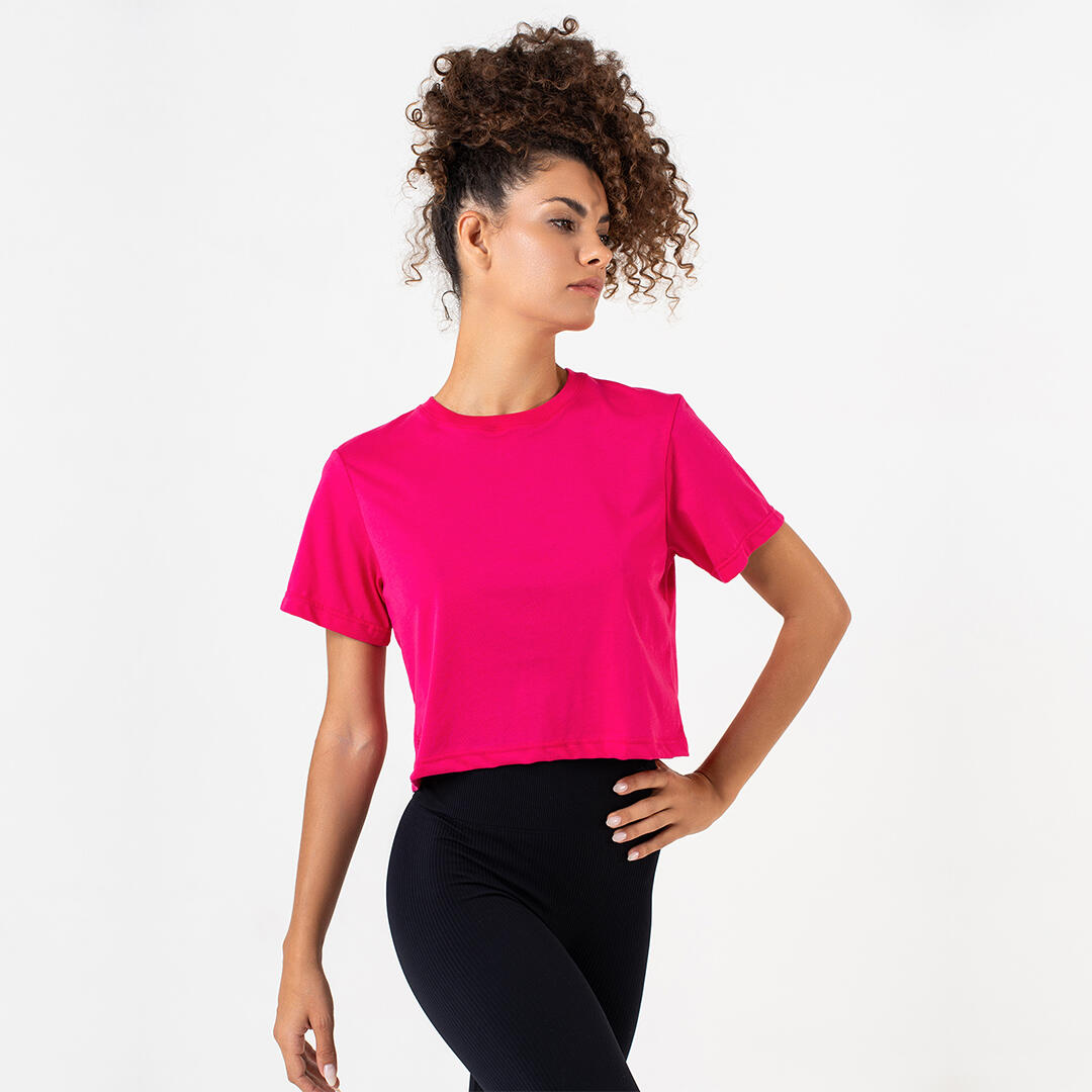 T-shirt crop donna 100% cotone allenamento tempo libero Fuxia 4/4
