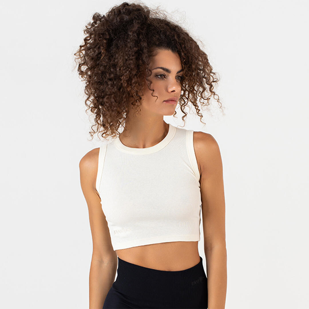 Top crop donna 100% cotone a costine allenamento tempo libero Crema 2/5