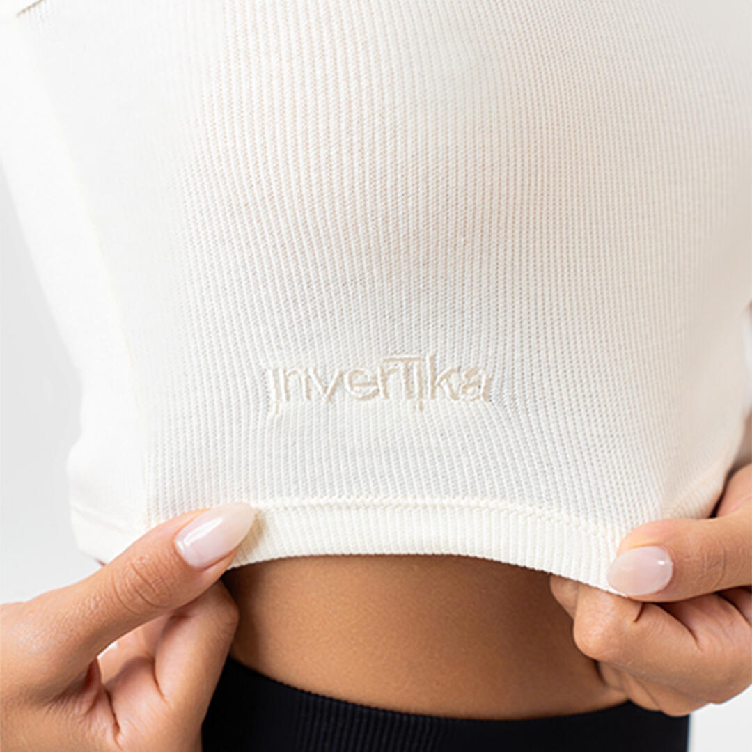 Top crop donna 100% cotone a costine allenamento tempo libero Crema 4/5