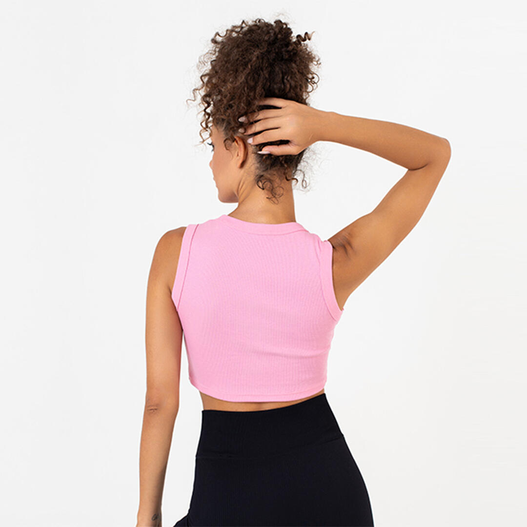 Top crop donna 100% cotone a costine allenamento tempo libero Rosa 3/5