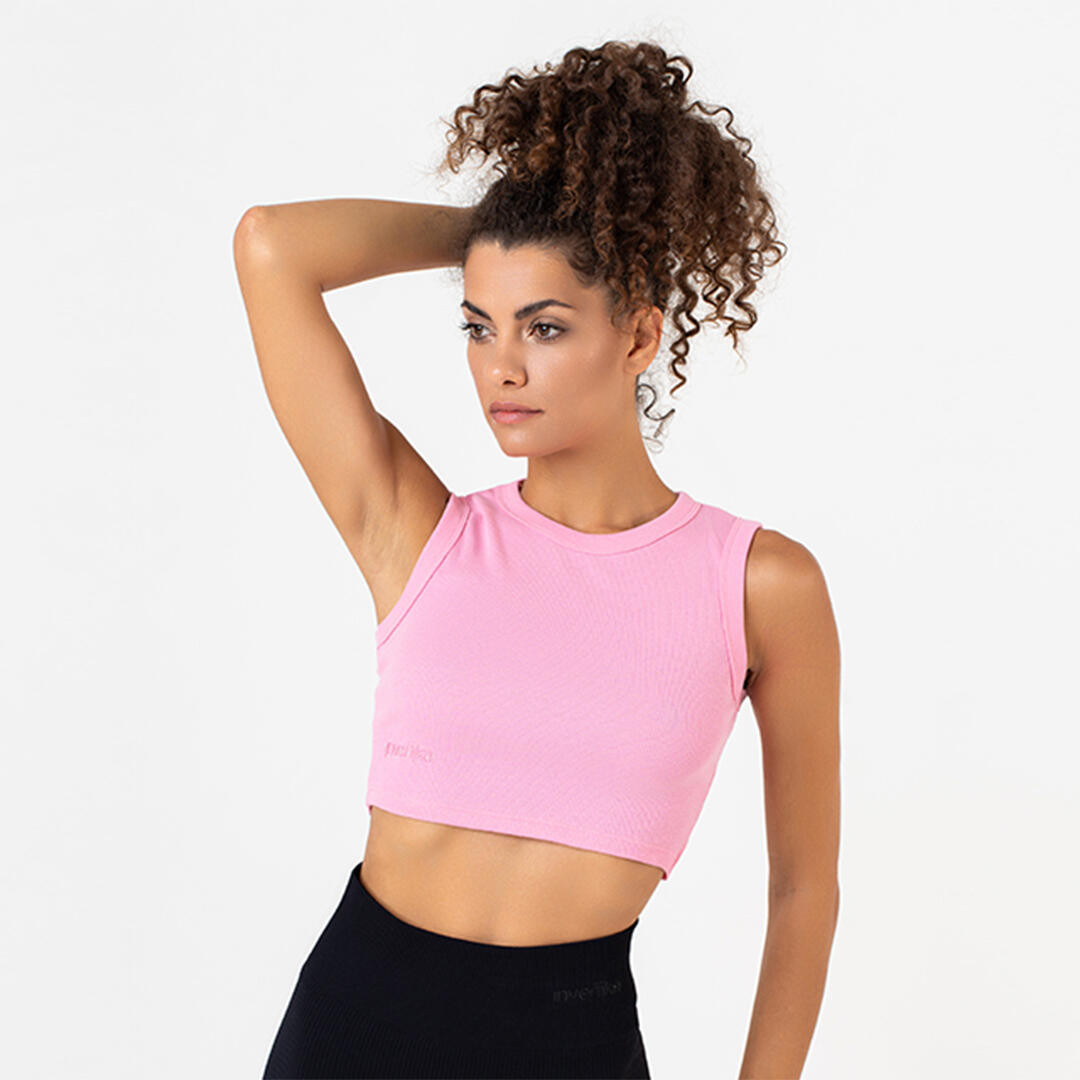 Top crop donna 100% cotone a costine allenamento tempo libero Rosa 2/5