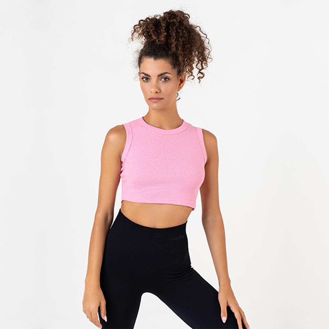 Top crop donna 100% cotone a costine allenamento tempo libero Rosa 5/5