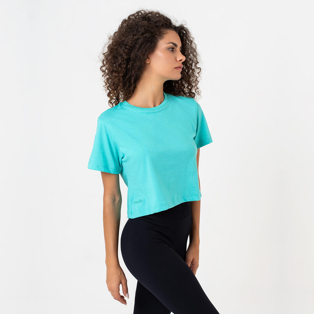 T-shirt crop donna 100% cotone allenamento tempo libero Acquamarina 4/4