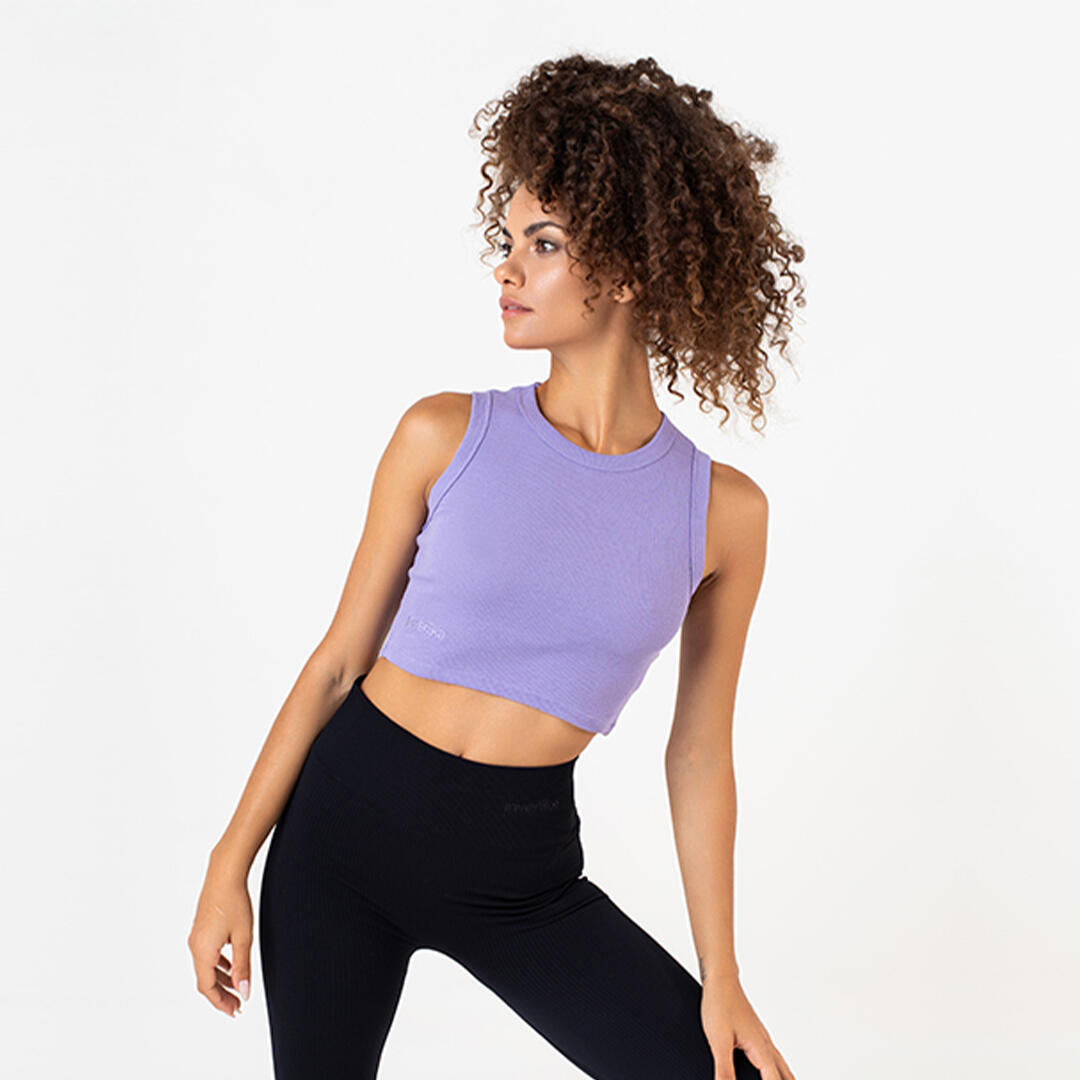 Top crop donna 100% cotone a costine allenamento tempo libero Lilla 5/5