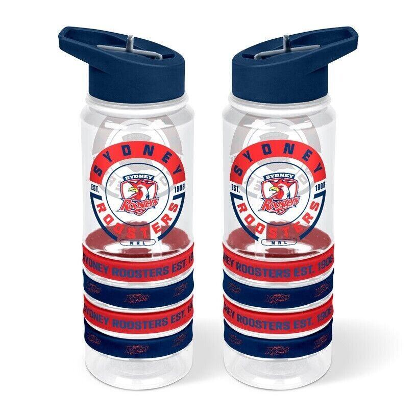 NRL Clear Tritan Drink Bottle 650ml - Sydney Roosters - 4 Wrist Bands