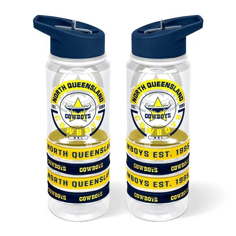 NRL Clear Tritan Drink Bottle 650ml - North Queensland Cowboys - 4 Wrist Bands