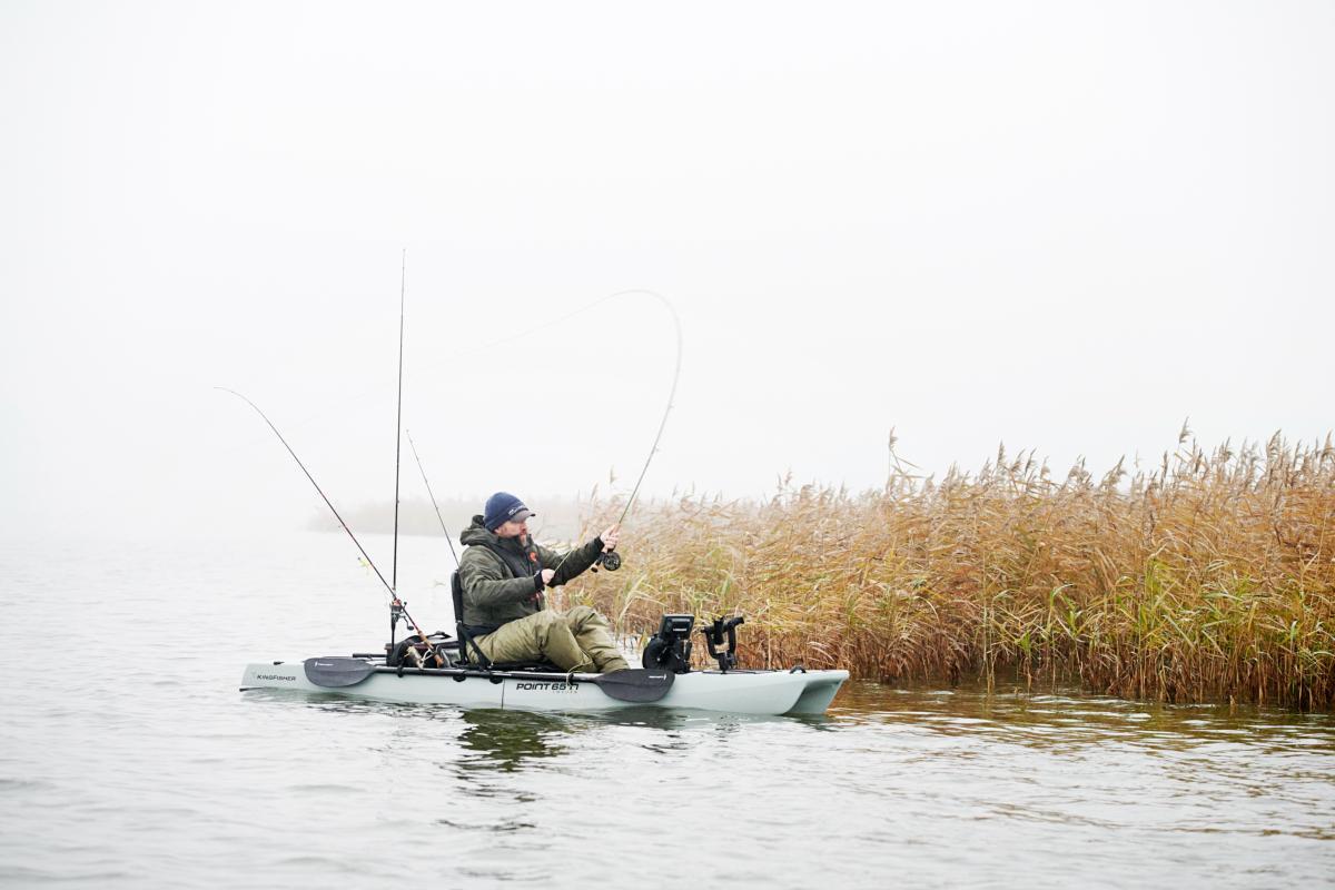 Kajak jednoosobowy wędkarski składany do pływania Point 65 King fisher z napędem 7/7