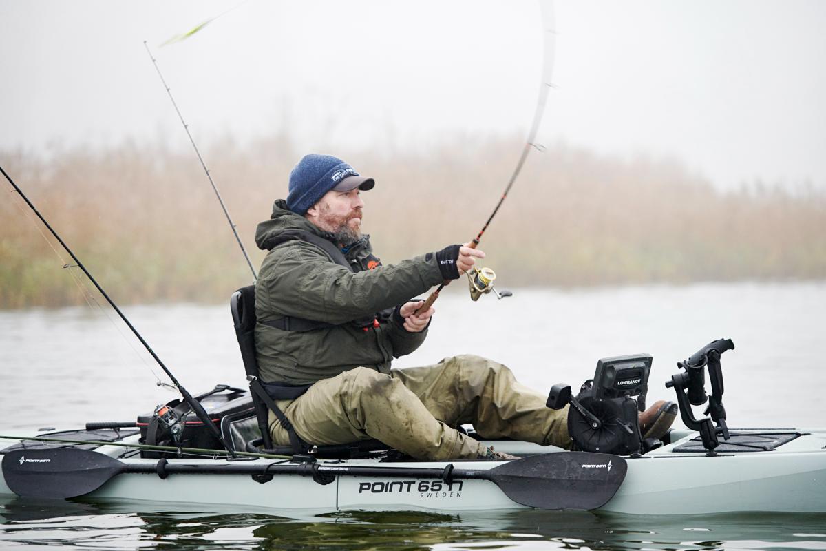 Kajak jednoosobowy wędkarski składany do pływania Point 65 King fisher z napędem 5/7