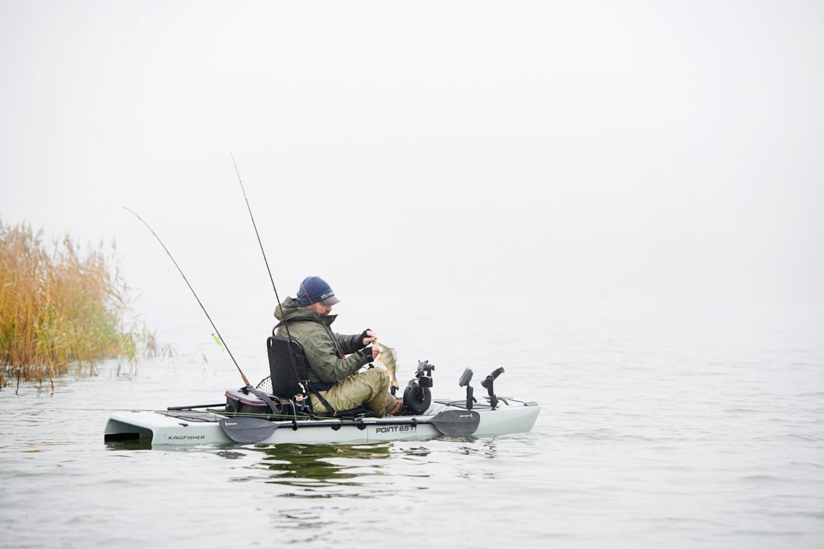 Kajak jednoosobowy wędkarski składany do pływania Point 65 King fisher z napędem 6/7