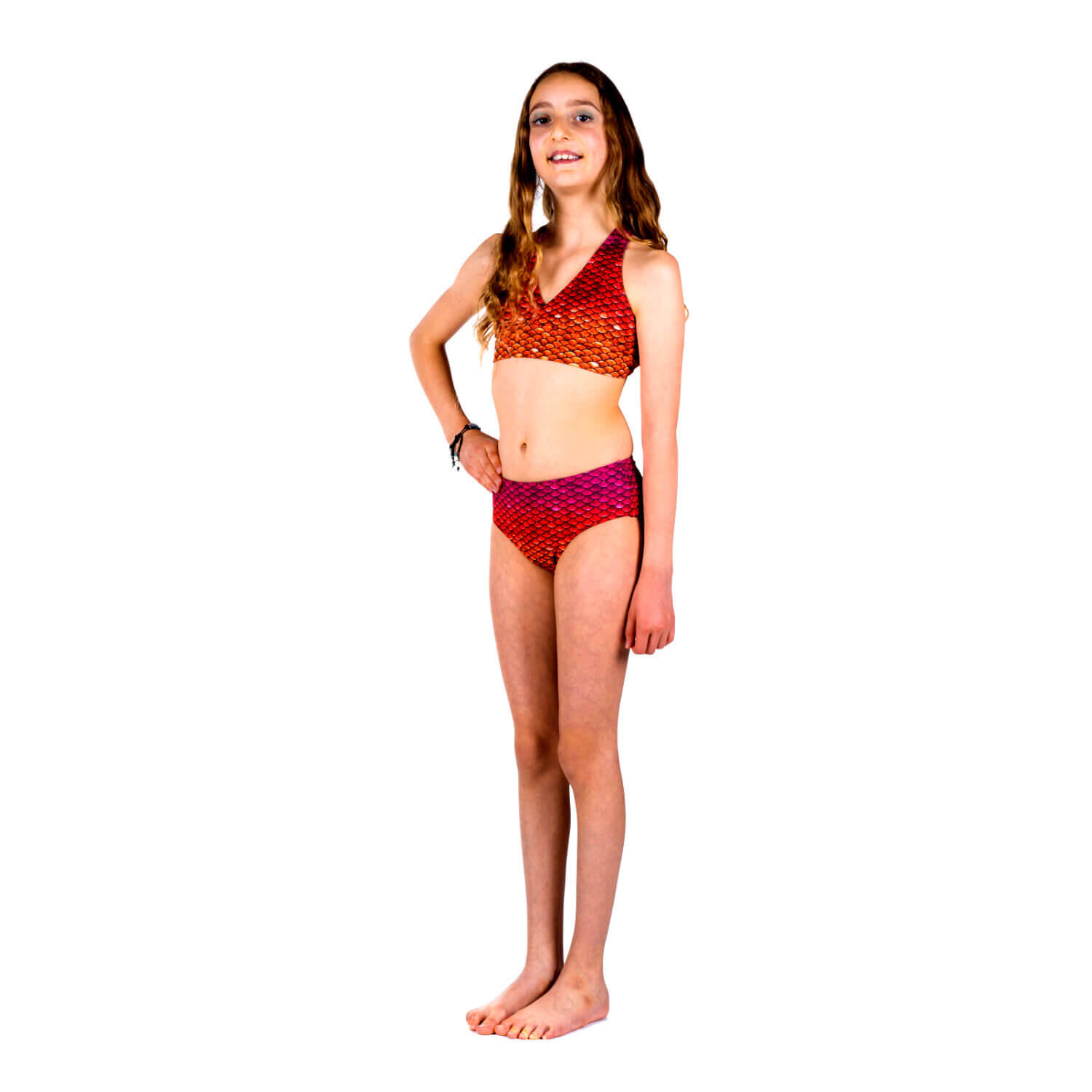 Sun Tails - Bikini Sirene Tiger Queen Jl Fille Orange, Motif Écailles, Taille Haute - Maillot De Bain 2 Pièces (bikini) - Orange|rouge - Decathlon