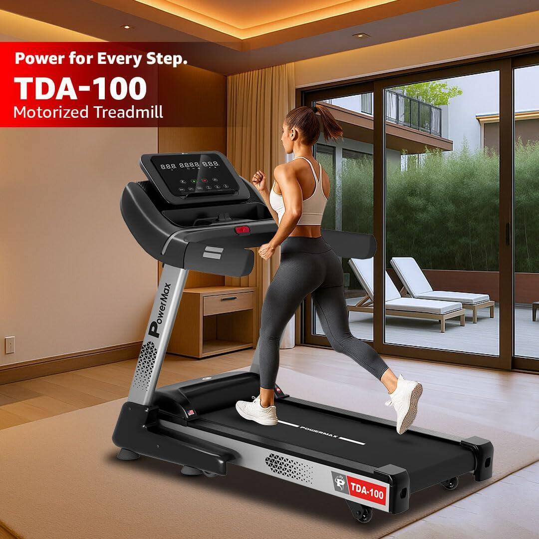 PowerMax Fitness TDA-100 (4HP Peak) Motorised Treadmill for Home Use|Max User Wt. 110KG |15 Level Auto-Incline| Top Speed: 14.8 Km/Hr | Spring Resistance Cardio Machine|Free (DIY) Installation Assist -  2