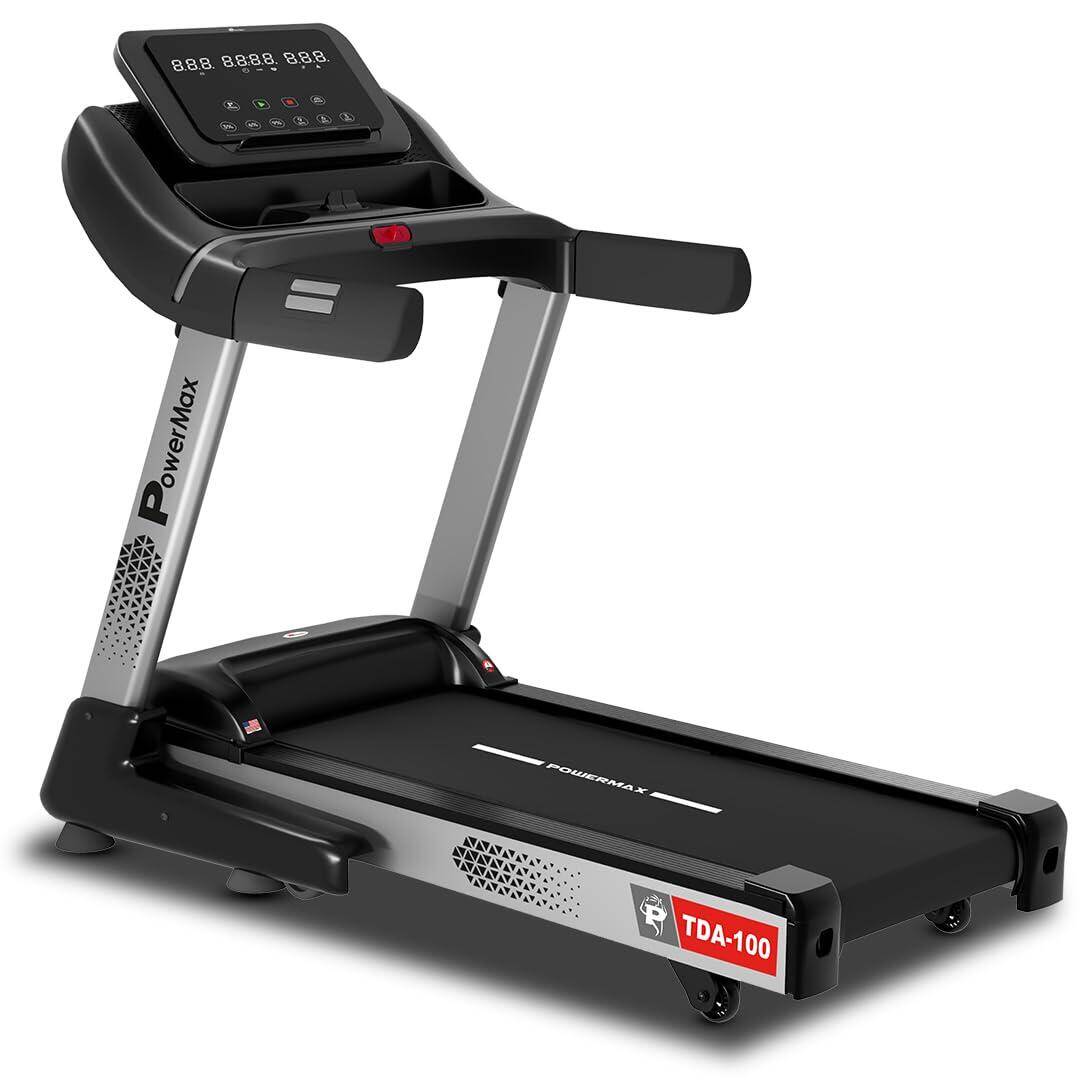 PowerMax Fitness TDA-100 (4HP Peak) Motorised Treadmill for Home Use|Max User Wt. 110KG |15 Level Auto-Incline| Top Speed: 14.8 Km/Hr | Spring Resistance Cardio Machine|Free (DIY) Installation Assist