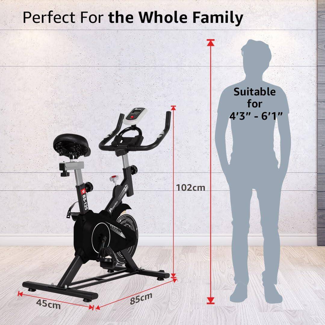 PowerMax Fitness BS-125 Spin Exercise Bike for Home use, 16mm 6Kg Flywheel, Max User Weight 130kg, LCD Display, 2pc Crank, Heart rate sensor, Knob braking, Adjustable foot strap and seat -  2