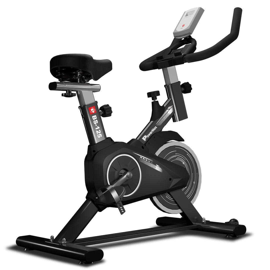 PowerMax Fitness BS-125 Spin Exercise Bike for Home use, 16mm 6Kg Flywheel, Max User Weight 130kg, LCD Display, 2pc Crank, Heart rate sensor, Knob braking, Adjustable foot strap and seat-image-7