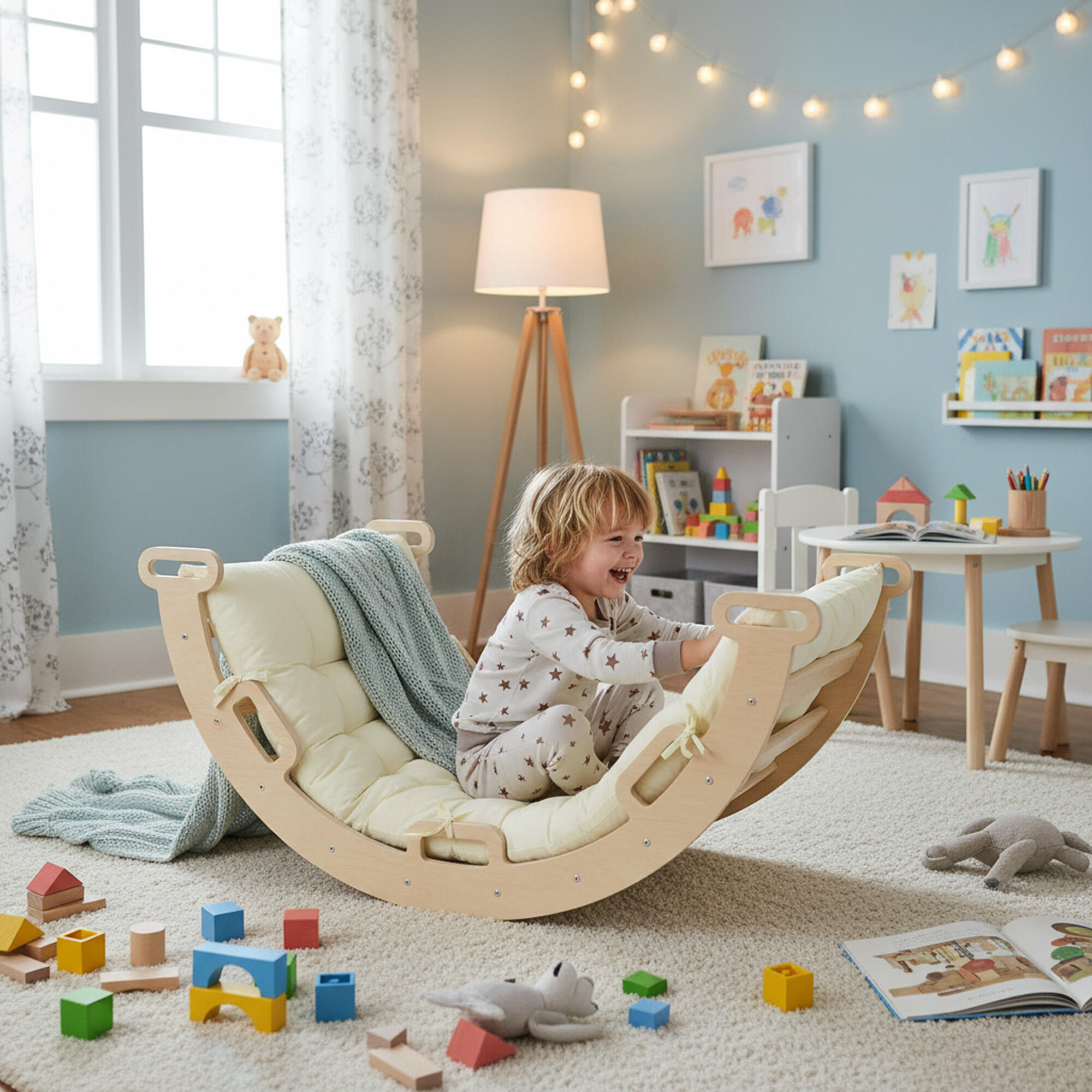 Triangle pliable avec arche d’escalade et toboggan - Avec coussin - Bois 3/7
