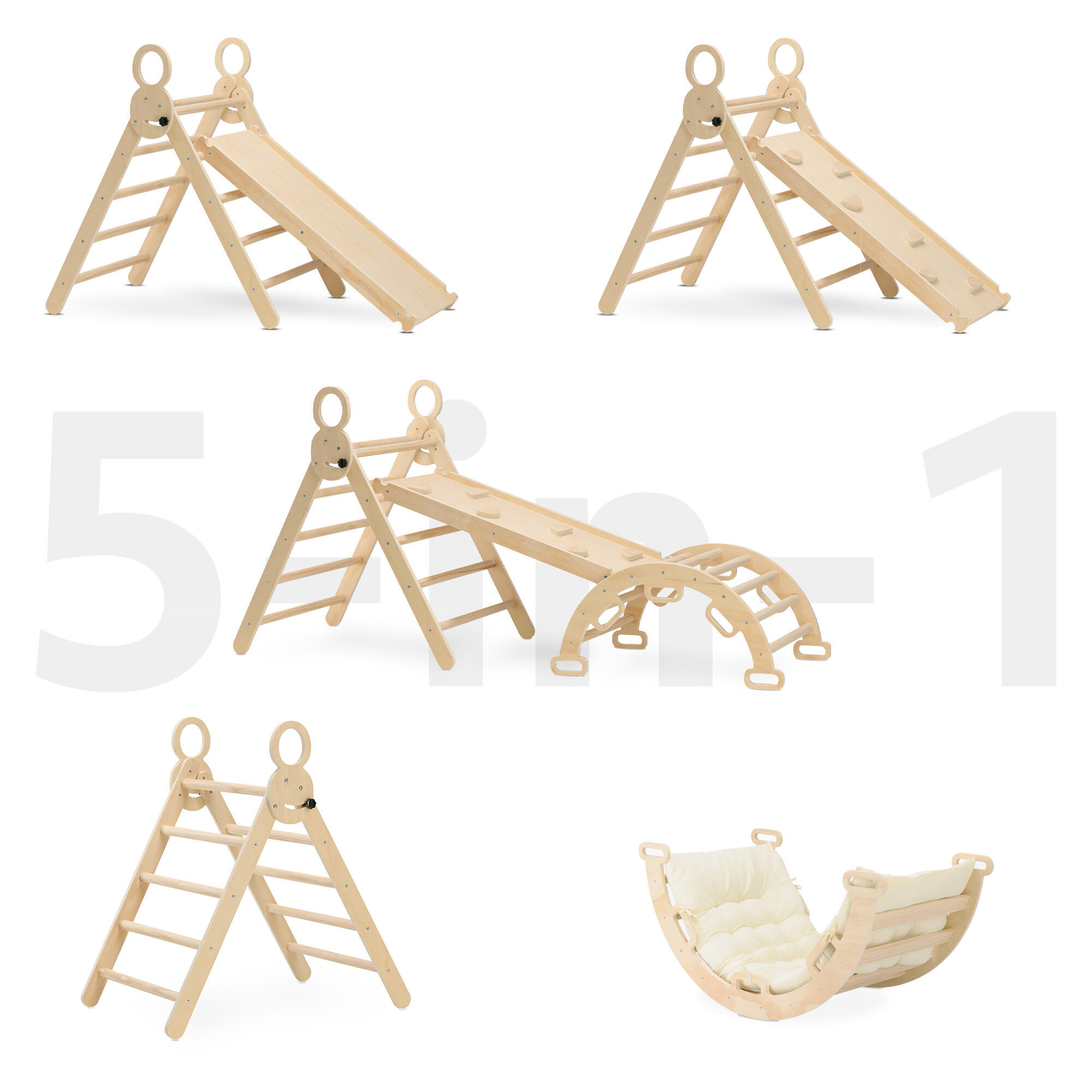 Triangle pliable avec arche d’escalade et toboggan - Avec coussin - Bois 2/7