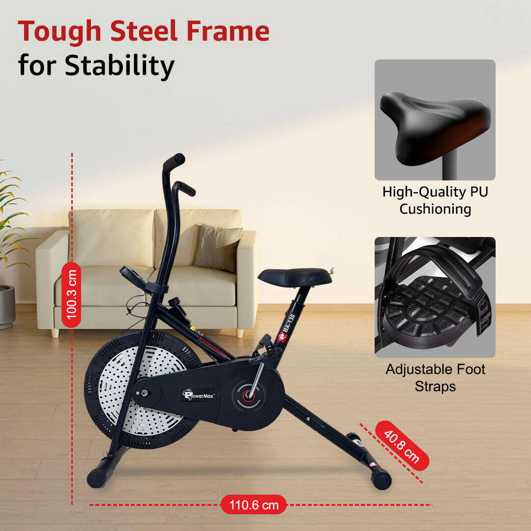 PowerMax Fitness BA-130 Air Bike Exercise Cycle for Home-Gym Workout with 1.5kg Fly wheel, Non-Slip Pedals |Fixed Handle Gym Bike for Max user 120kg, Belt Drive, Adjustable seat-Black -  3