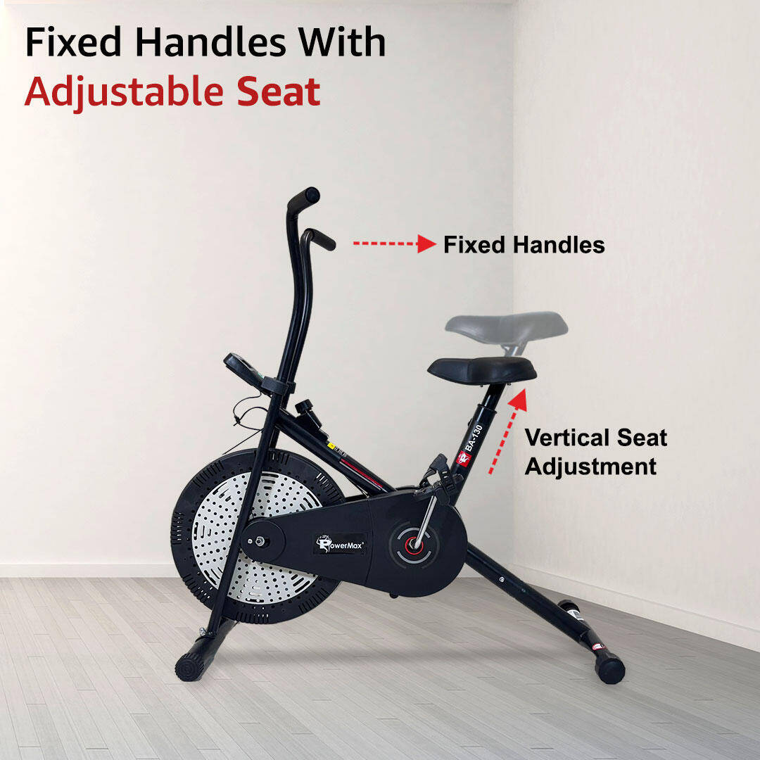 PowerMax Fitness BA-130 Air Bike Exercise Cycle for Home-Gym Workout with 1.5kg Fly wheel, Non-Slip Pedals |Fixed Handle Gym Bike for Max user 120kg, Belt Drive, Adjustable seat-Black -  5