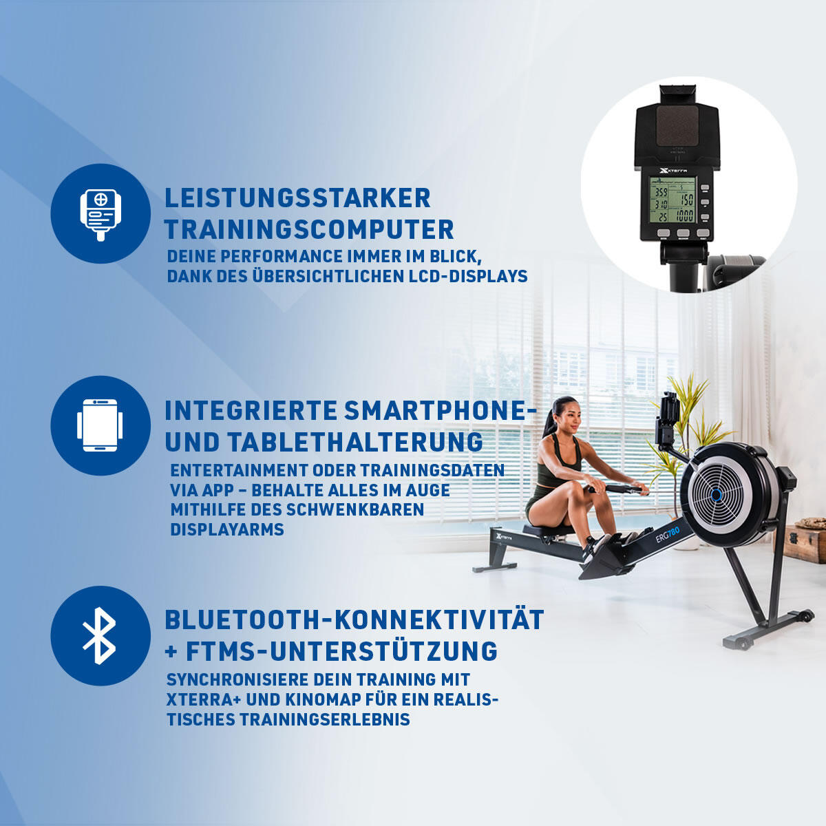Rudergerät ERG780 Air Indoor Rower Luftwiderstand & App-Anbindung bis 150kg 3/8