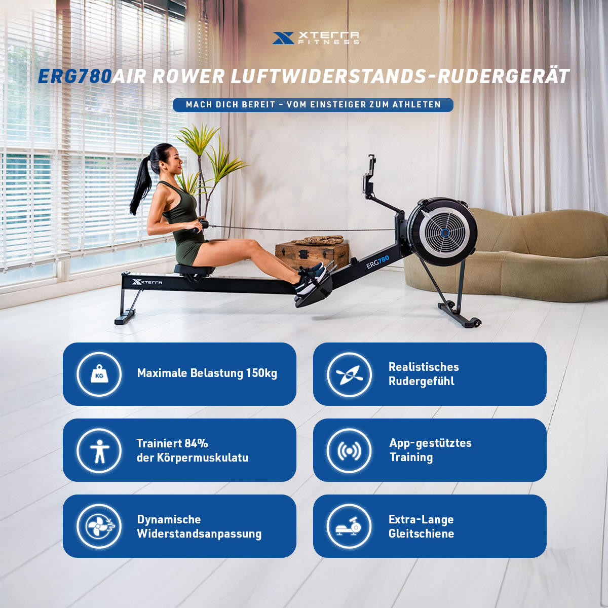 Rudergerät ERG780 Air Indoor Rower Luftwiderstand & App-Anbindung bis 150kg 2/8