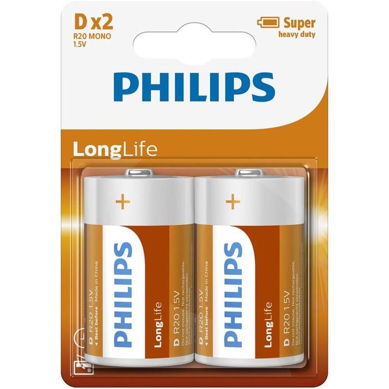 Philips longlife zinc d/r20 per 2 stuks op kaart